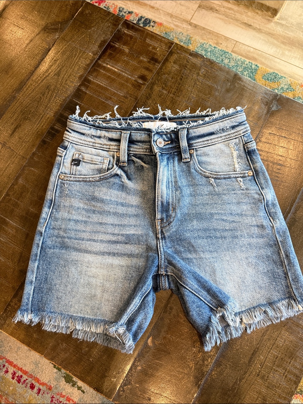 Kan-Can High-Rise Frayed Hem Denim Shorts - Light Blue